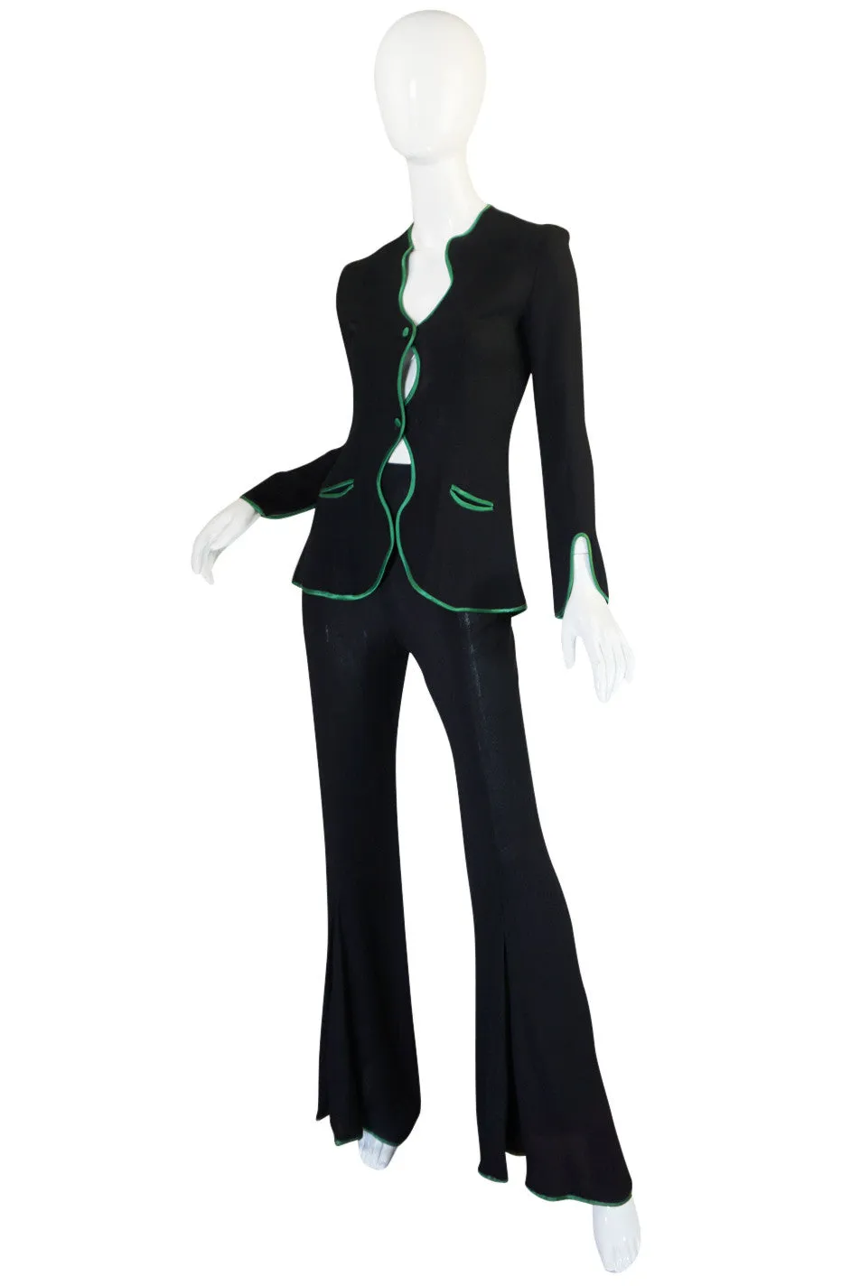 1970s Green Trim Ossie Clark Moss Crepe Trouser Suit