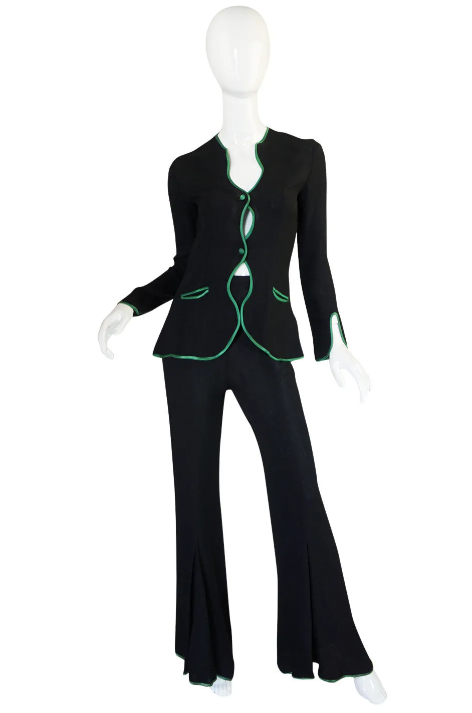 1970s Green Trim Ossie Clark Moss Crepe Trouser Suit