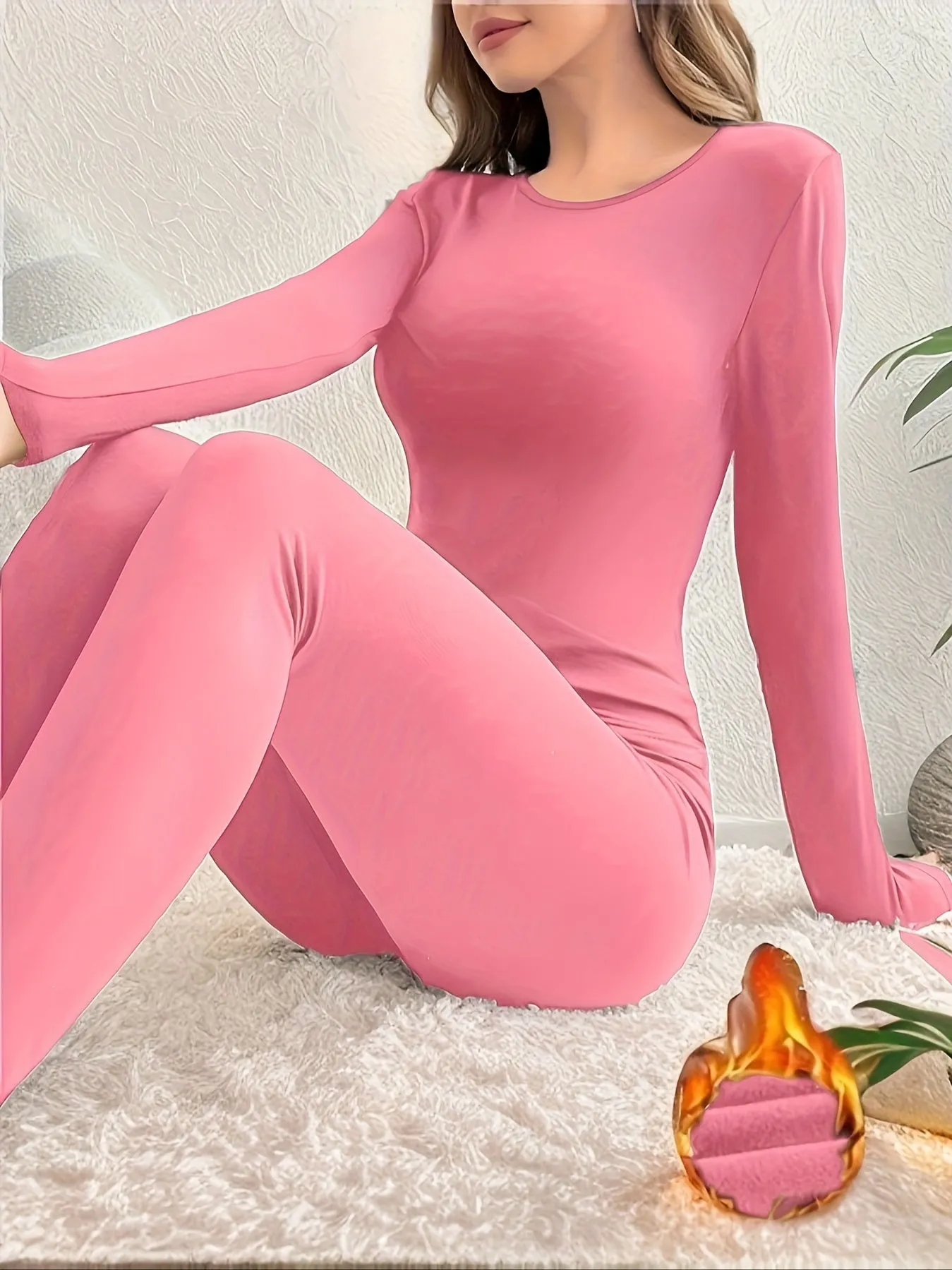 2 Pcs Women's Thermal Underwear Set - Solid Slim Fit, Long Sleeve Round Neck Base Top & Pants for Fall & Winter