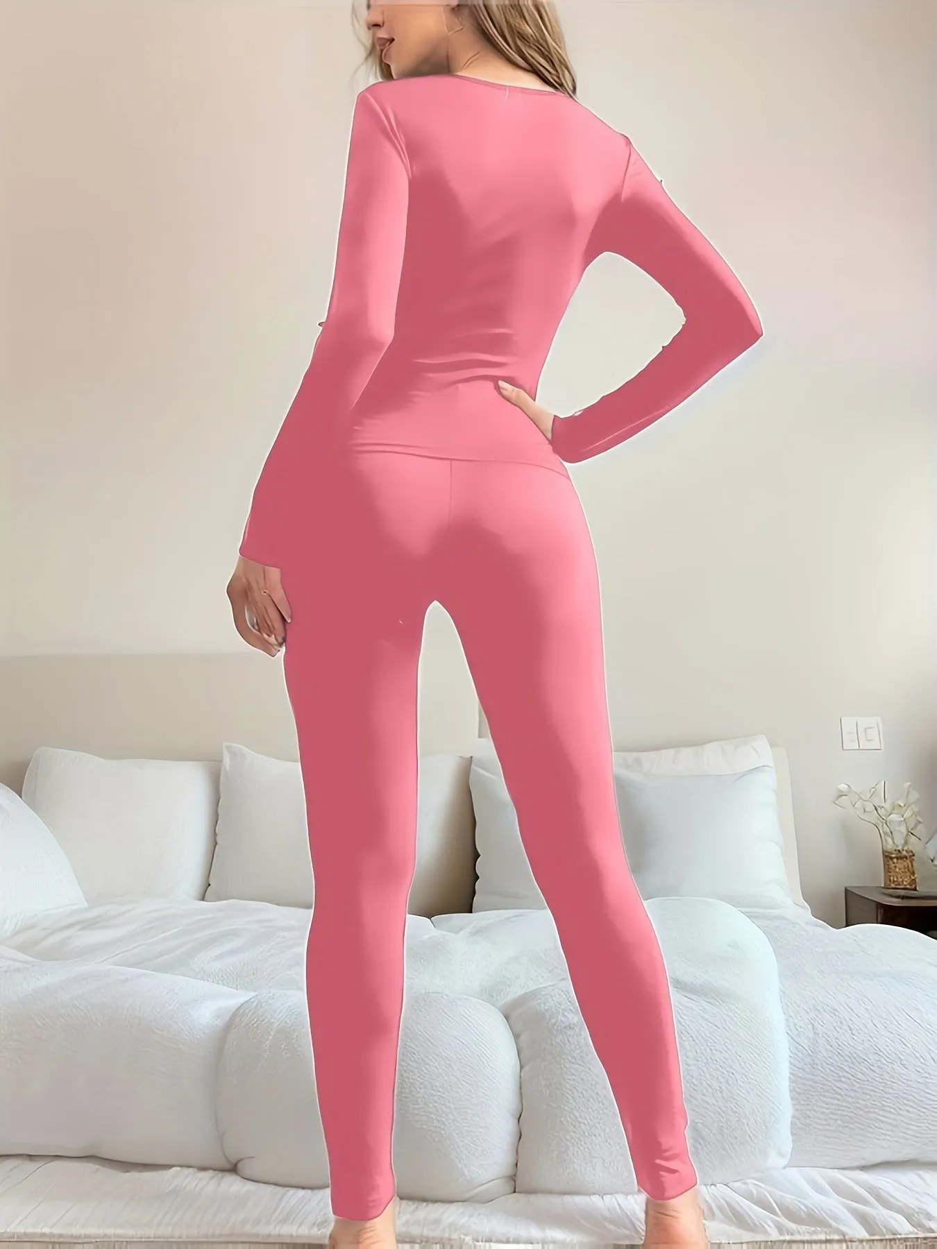 2 Pcs Women's Thermal Underwear Set - Solid Slim Fit, Long Sleeve Round Neck Base Top & Pants for Fall & Winter