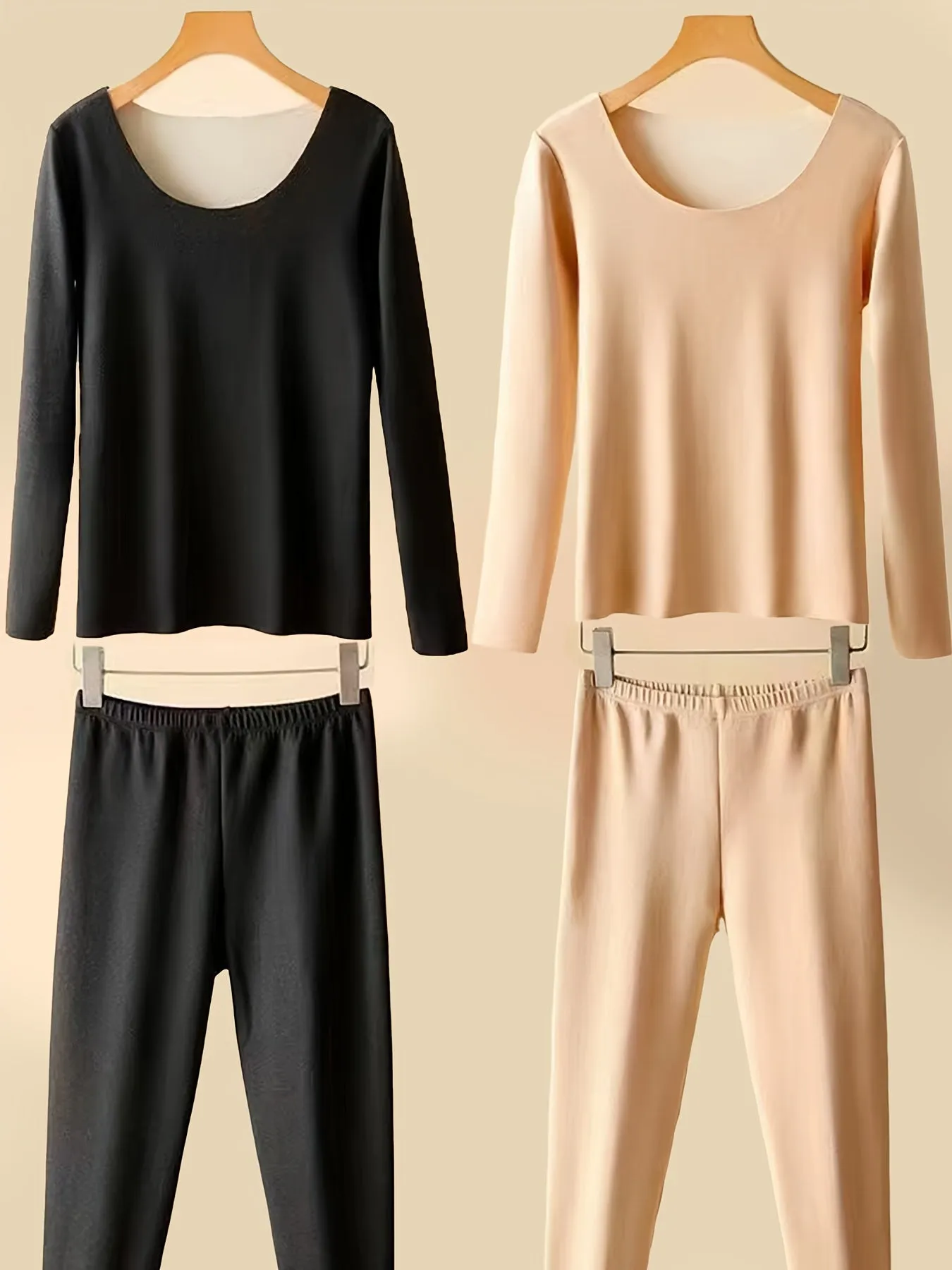 2 Seamless Thermal Underwear, Long Sleeve Crew Neck Tops & Pants, Women's Loungewear & Underwear