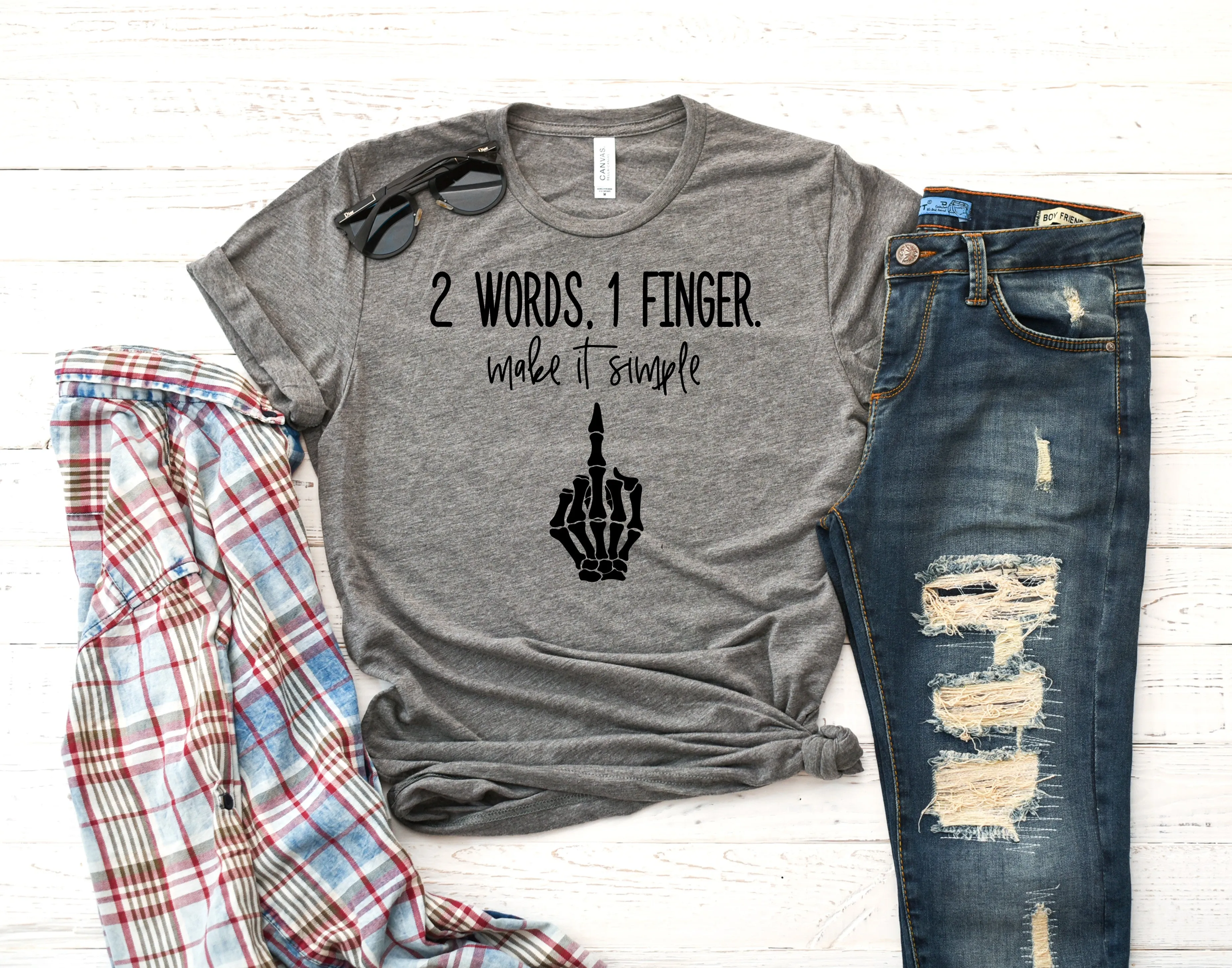 2 Words 1 Finger T-Shirt Adult Skeleton Funny**FREE SHIPPING