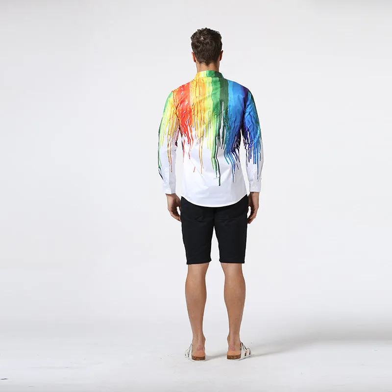 3D Watercolor Rainbow Print Long Sleeve Men Shirt 5908