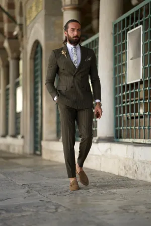 Amber Khaki Slim Fit Double Breasted Pinstripe Suit