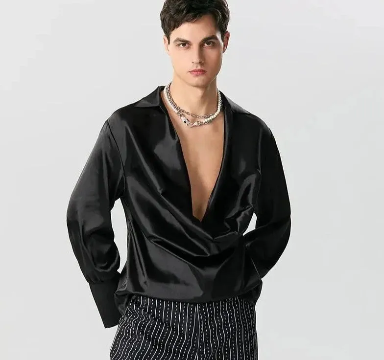 American Style Urban Elegance Satin V-Neck Langarmhem