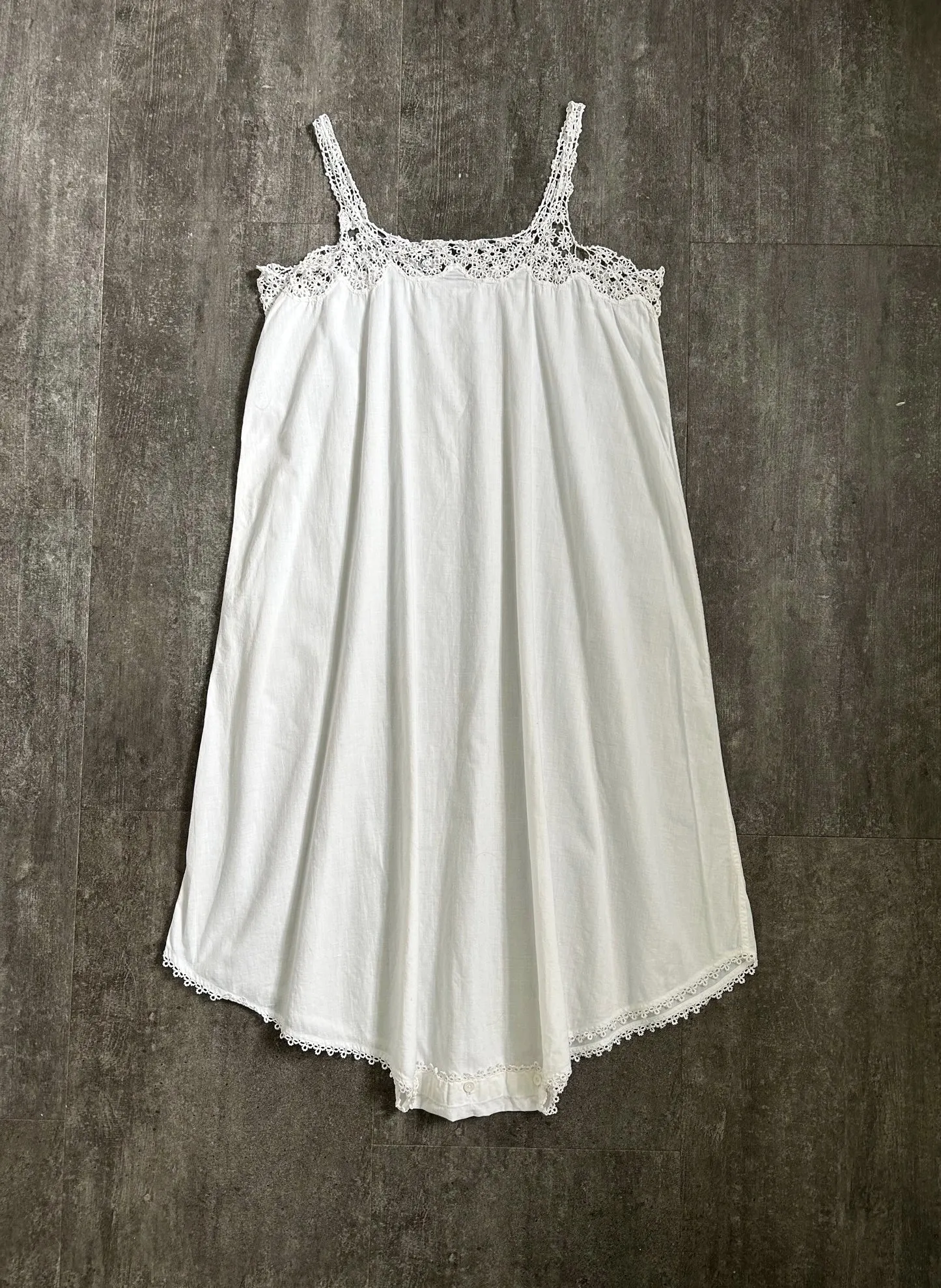 Antique step in . vintage white romper . crochet tatting . size xs to medium