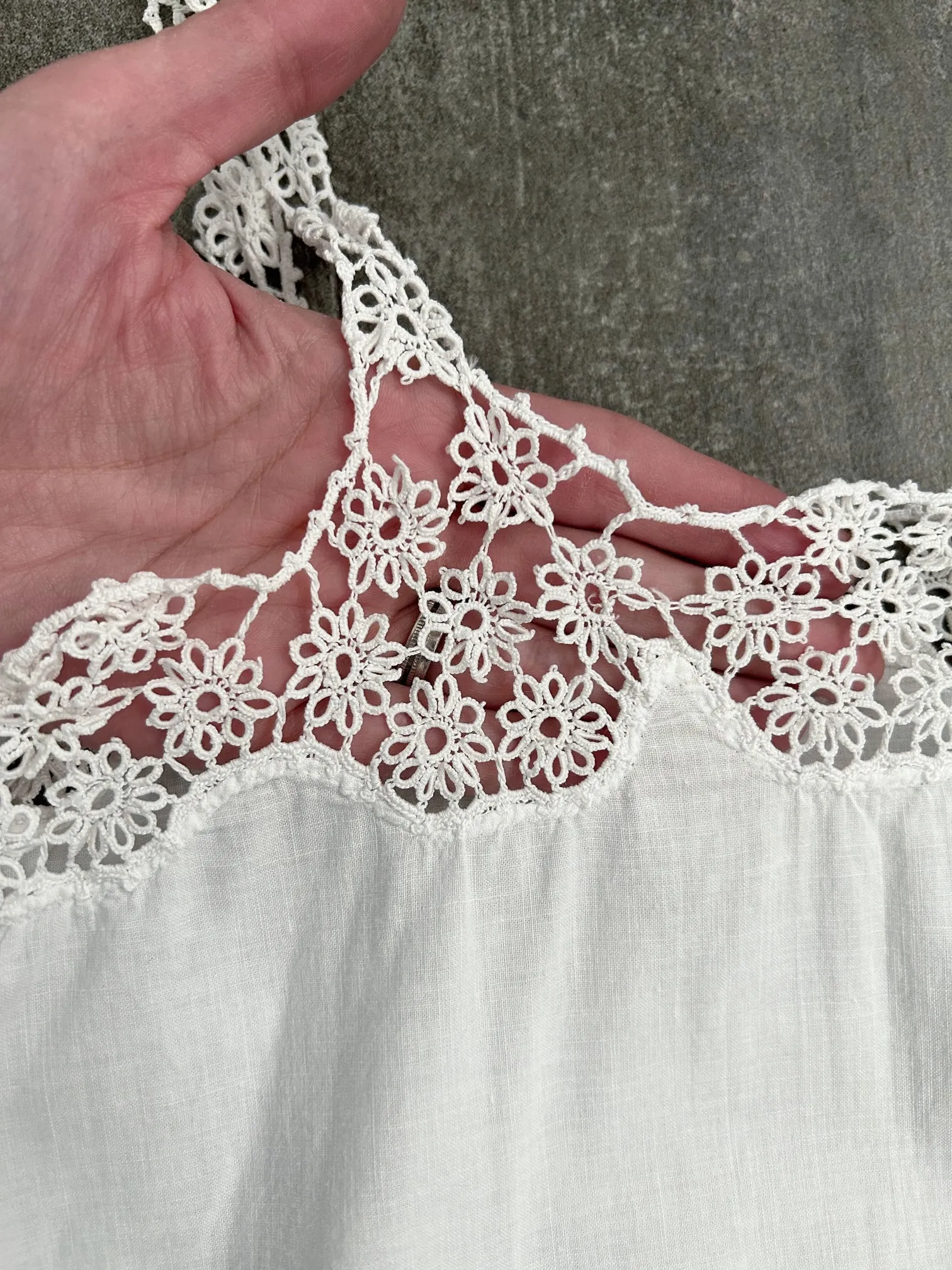 Antique step in . vintage white romper . crochet tatting . size xs to medium