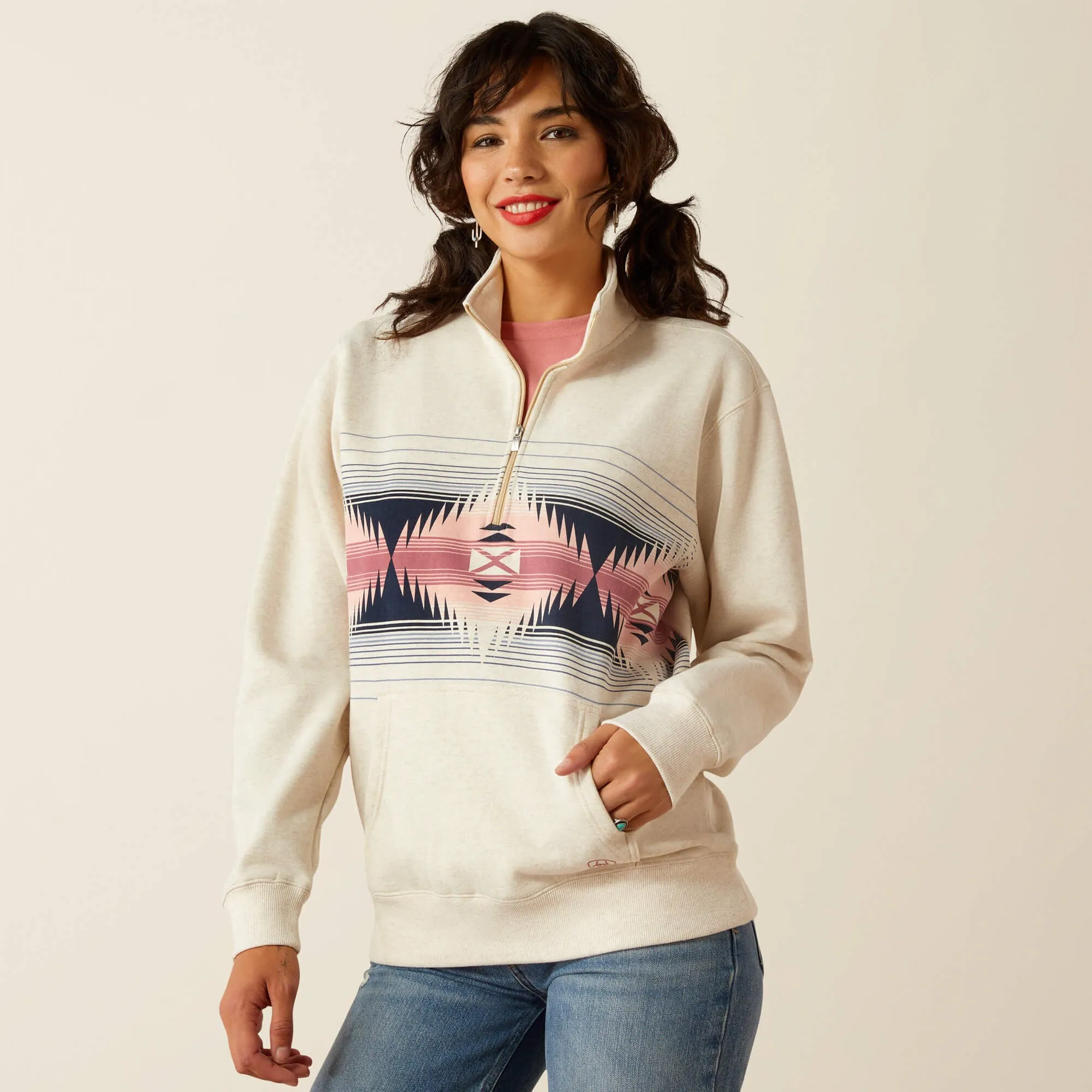 Ariat Women's 1/2 Zip Oatmeal Sweatshirt with Blue/Pink Geometric Border Print