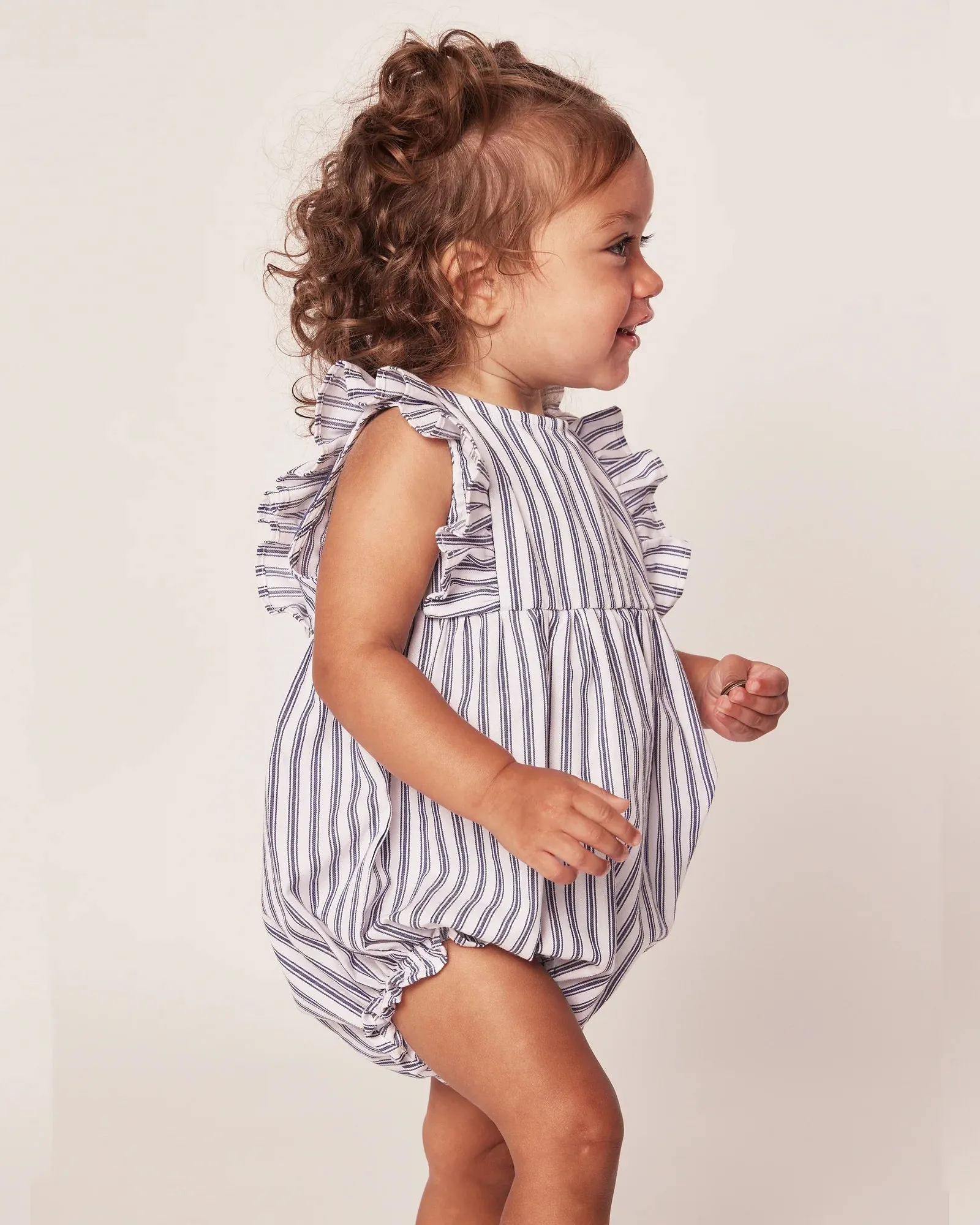 Baby's Twill Ruffled Romper- Navy French Ticking