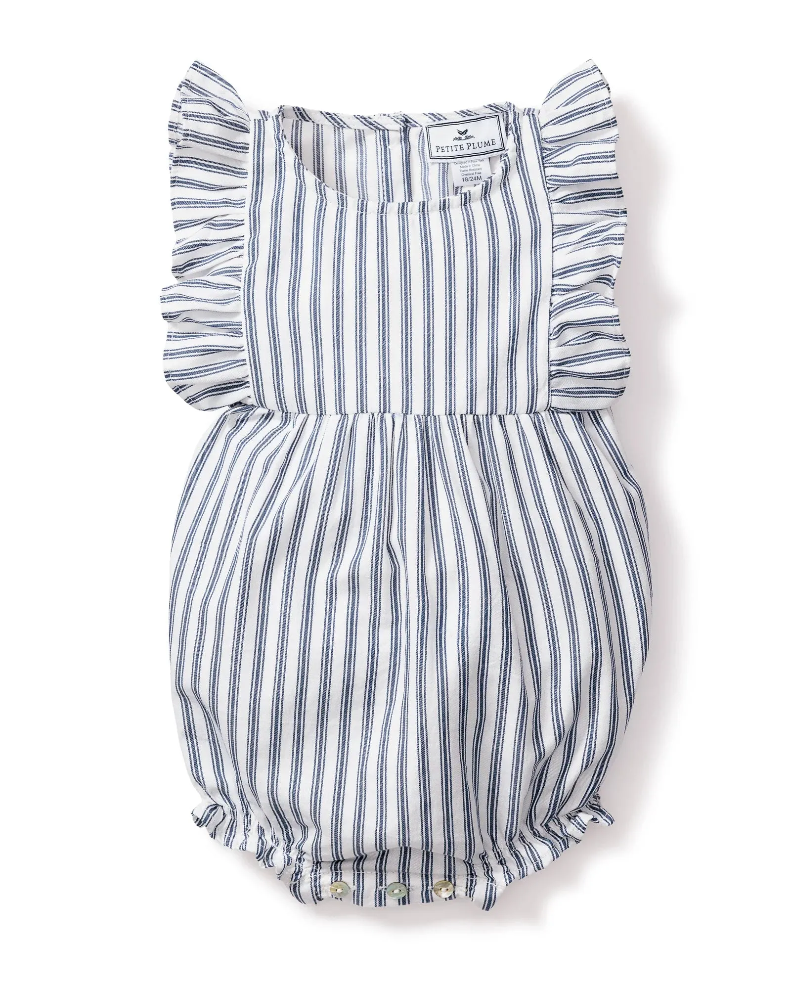 Baby's Twill Ruffled Romper- Navy French Ticking
