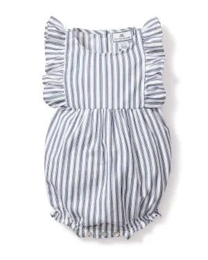 Baby's Twill Ruffled Romper- Navy French Ticking