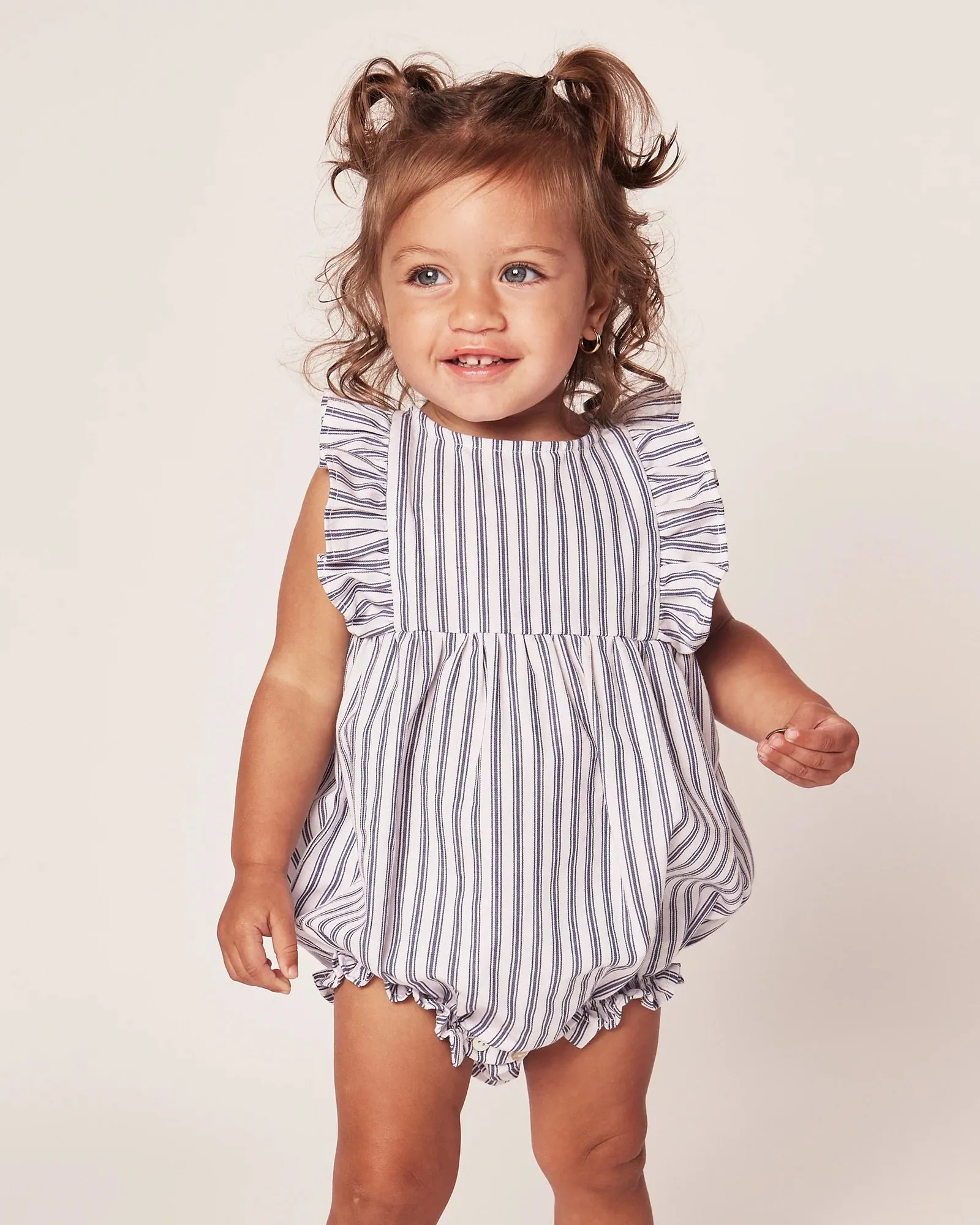 Baby's Twill Ruffled Romper- Navy French Ticking
