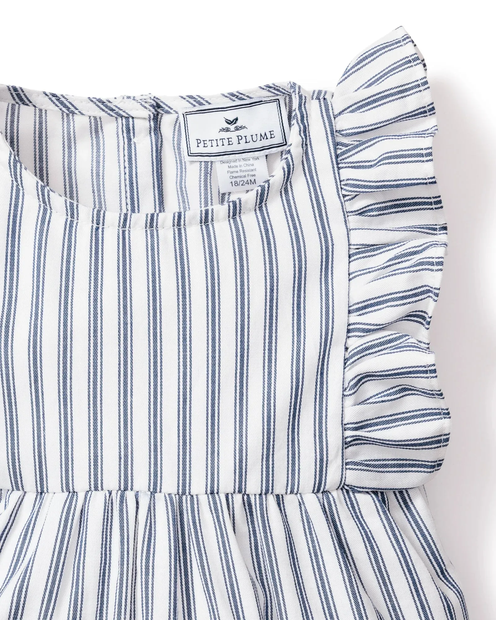 Baby's Twill Ruffled Romper- Navy French Ticking