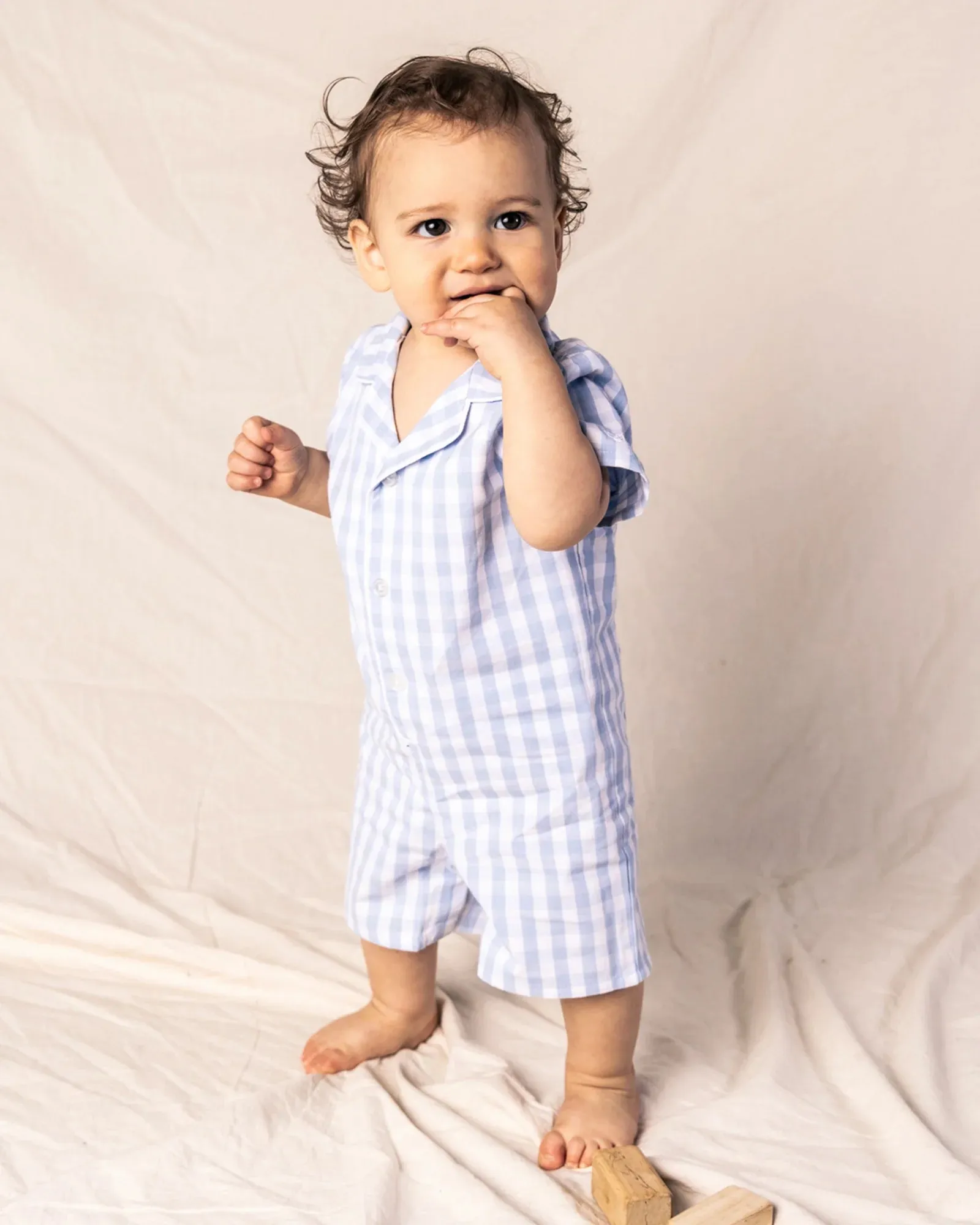 Baby's Twill Summer Romper- Light Blue Gingham