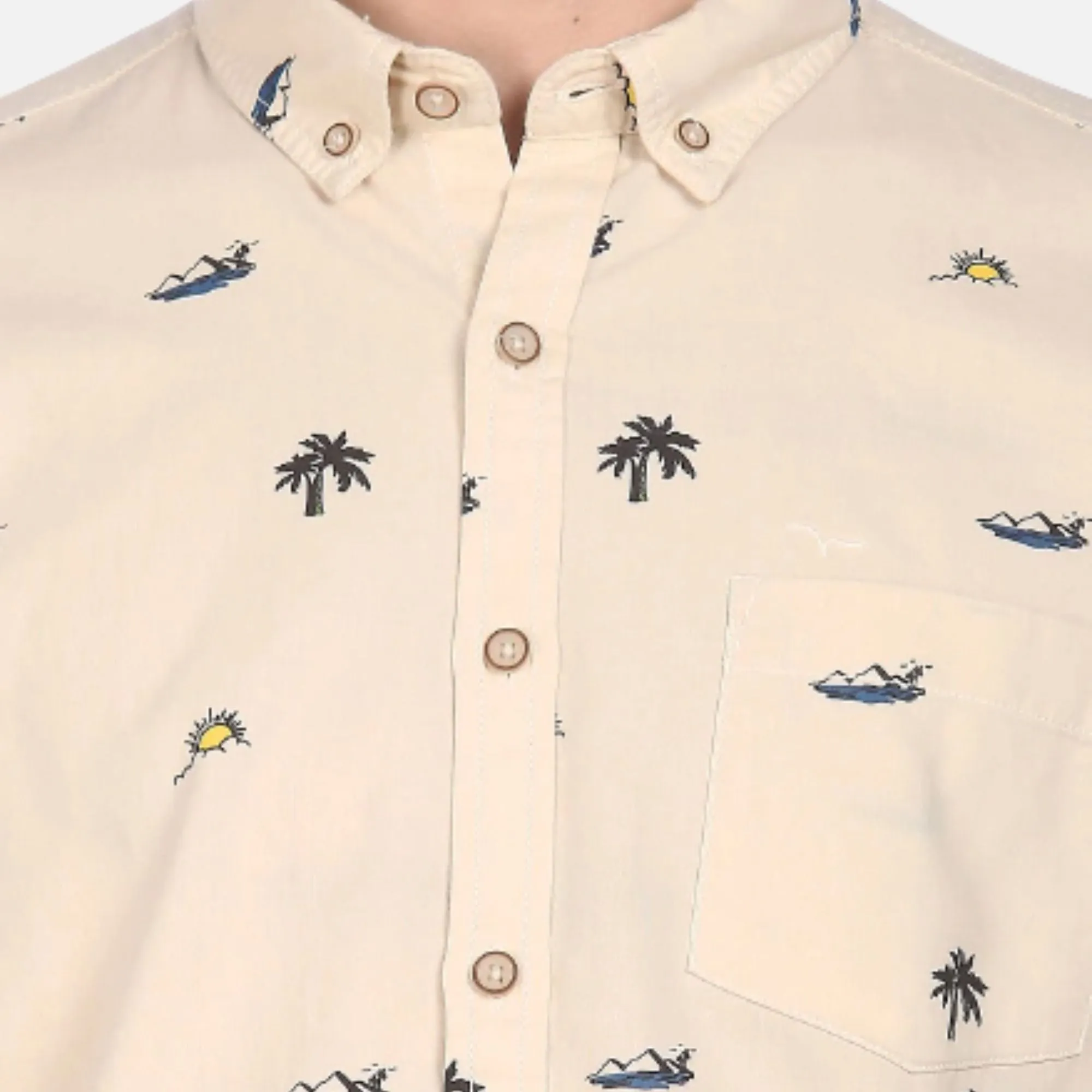 Beige Button Down Collar Printed Casual Shirt