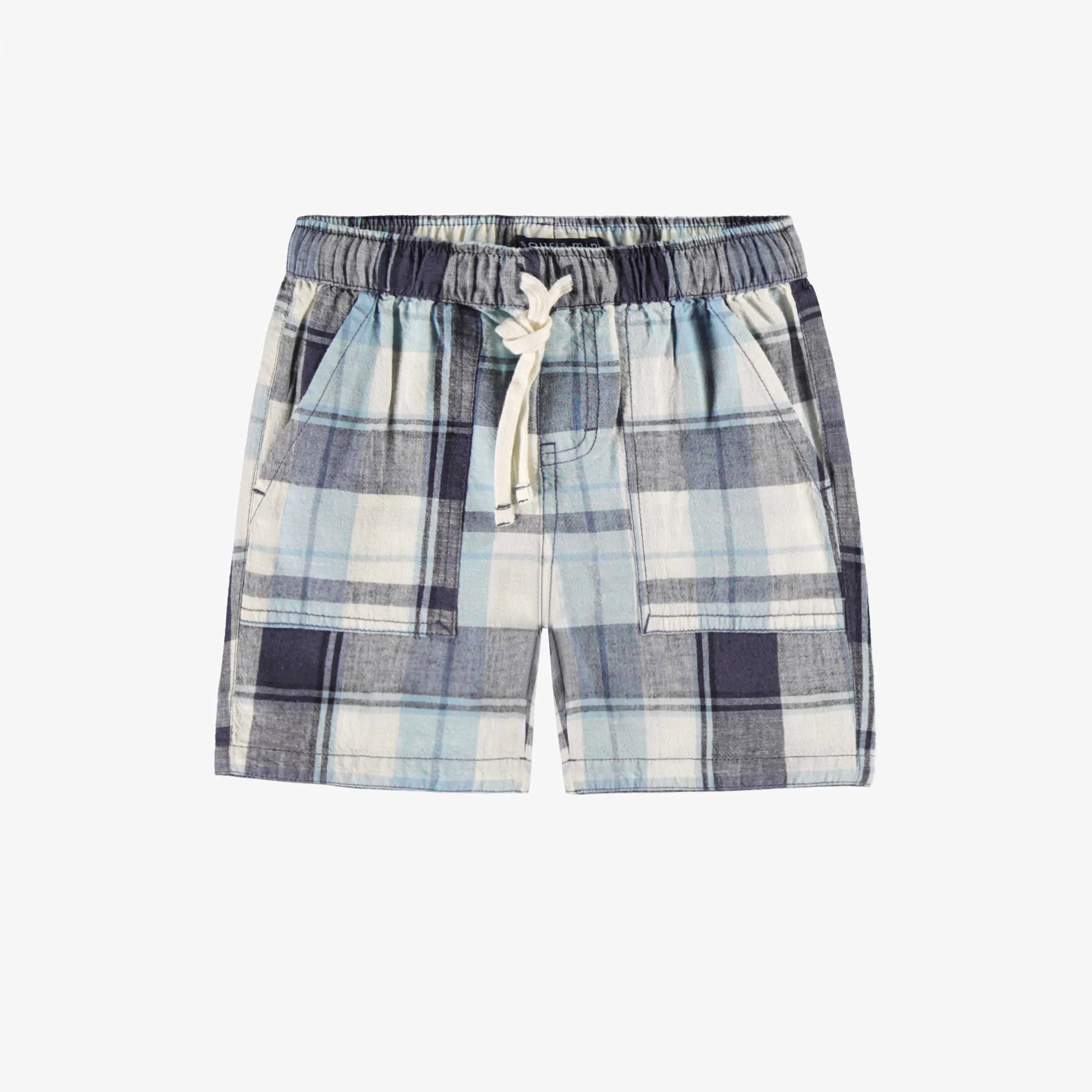 Bermuda bleu et crème à carreaux, enfant || Blue and cream plaid bermuda shorts, child