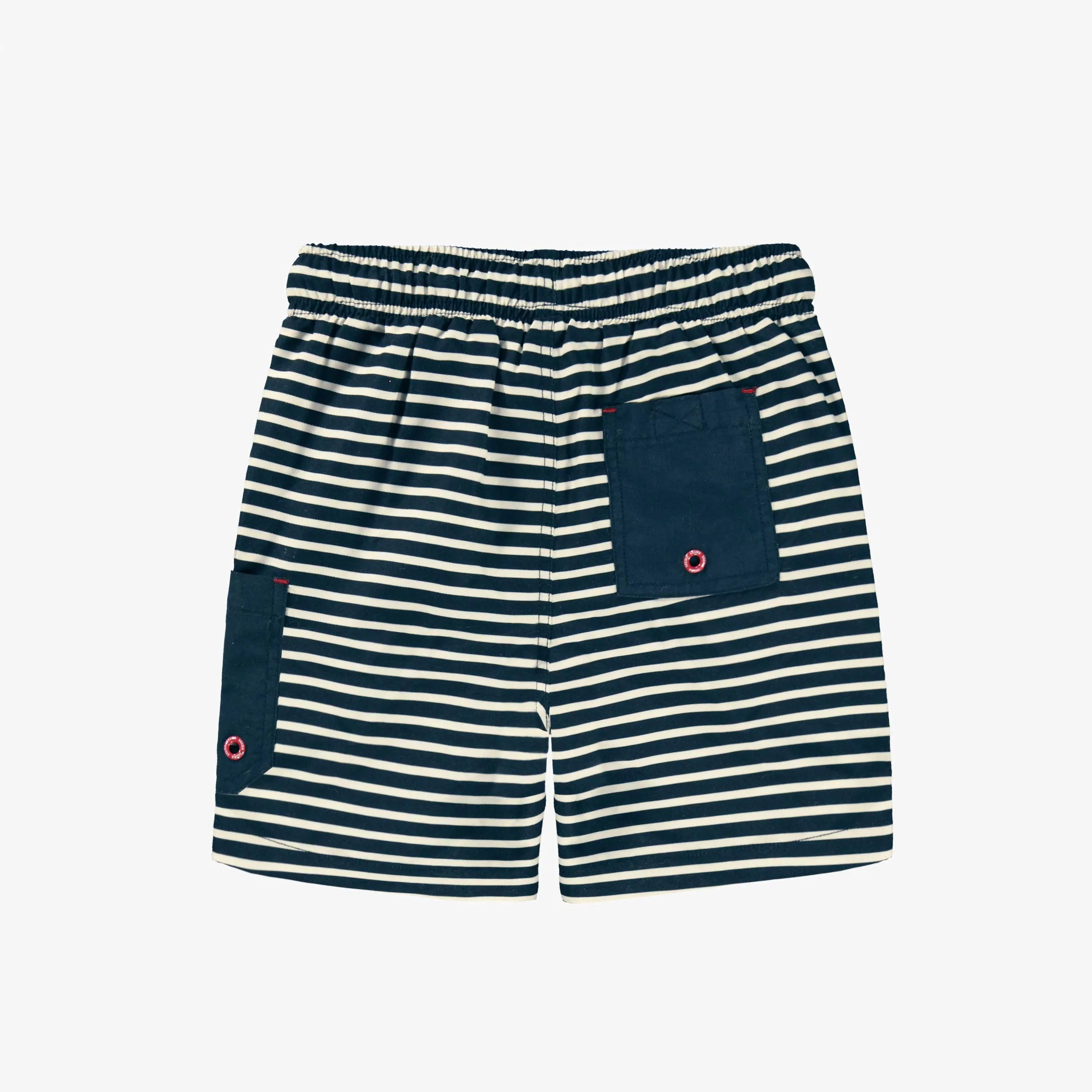Bermuda de bain blanc et bleu marine à rayures, enfant || White and navy blue striped bathing shorts, child