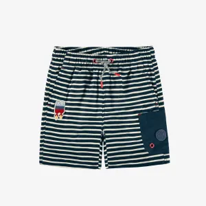 Bermuda de bain blanc et bleu marine à rayures, enfant || White and navy blue striped bathing shorts, child