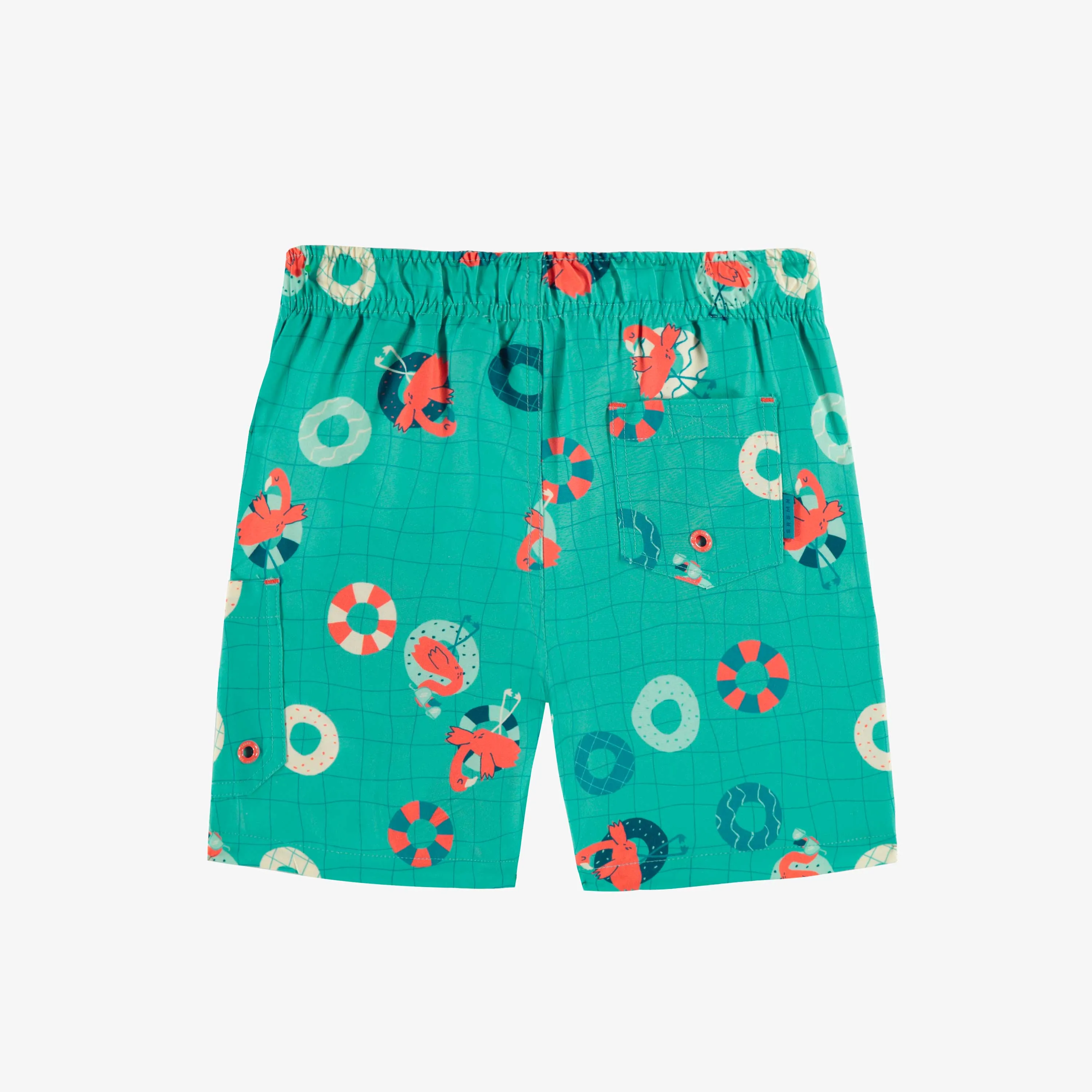 Bermuda de bain bleu à motifs de flamants, enfant || Blue swim bermuda shorts with flamingo all over print, child