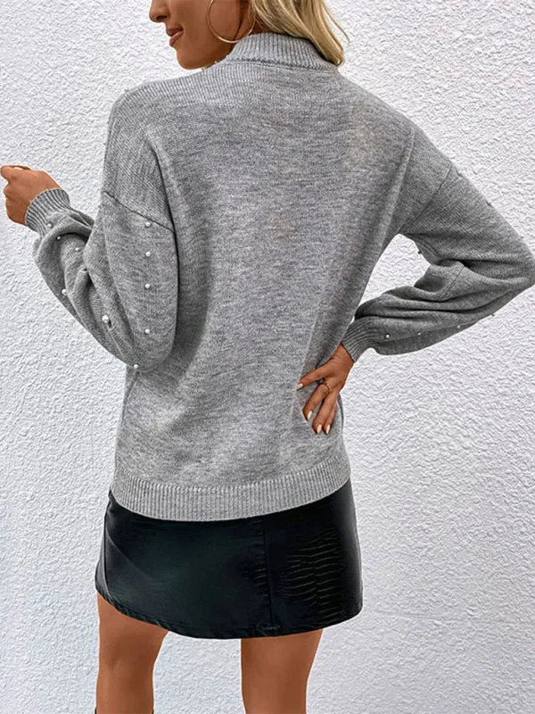 BerryBetty - Long sleeve solid color pearl beaded loose pullover sweater