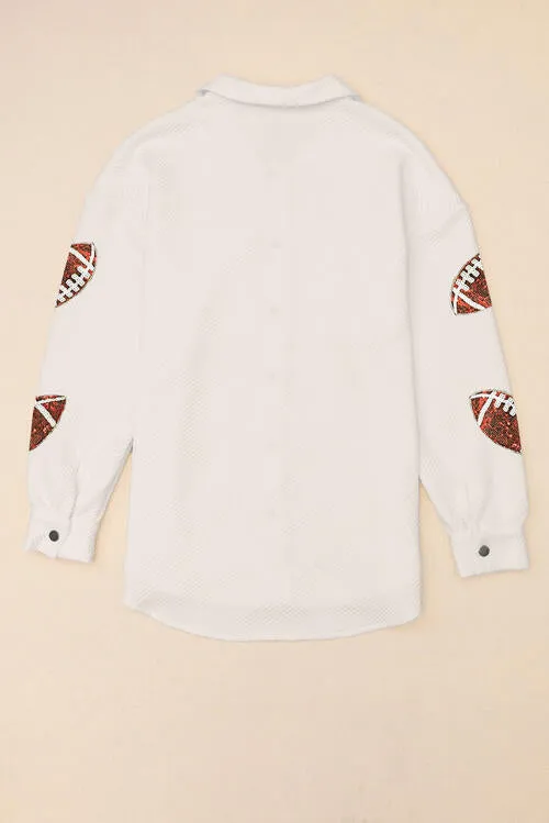 BerryBetty - Sequin Football Patch Collared Neck Snap Button Jacket