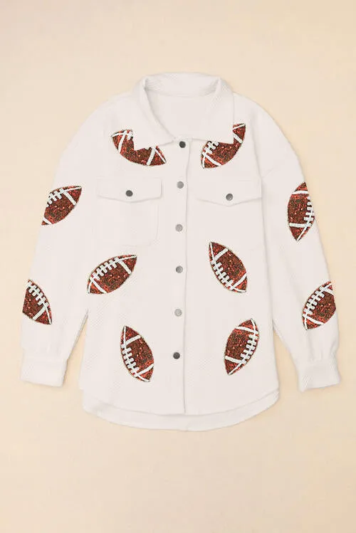 BerryBetty - Sequin Football Patch Collared Neck Snap Button Jacket
