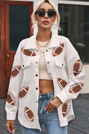 BerryBetty - Sequin Football Patch Collared Neck Snap Button Jacket