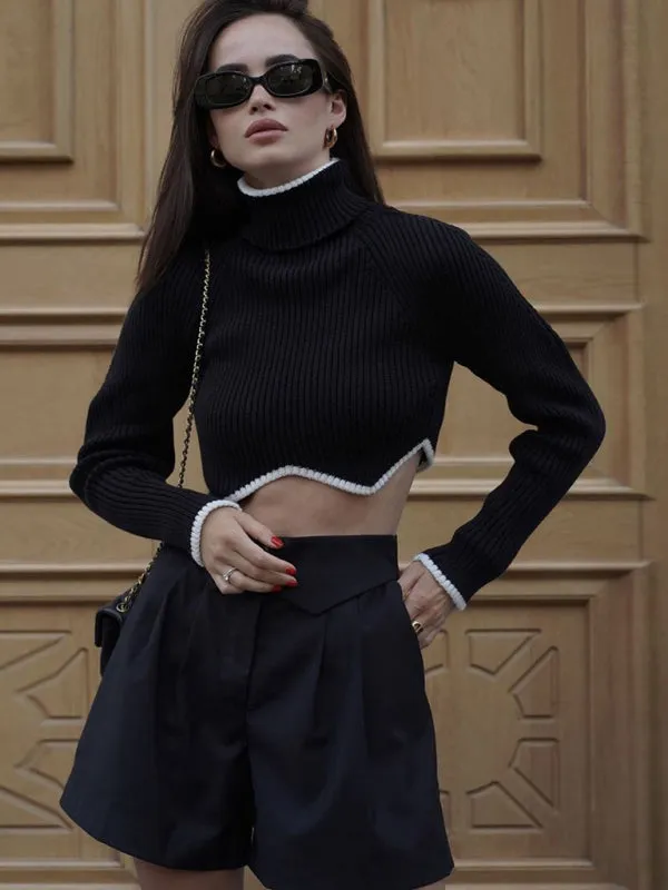 BerryBetty - Women's turtleneck short sweater with irregular hem, crop top long sleeve turtle neck top