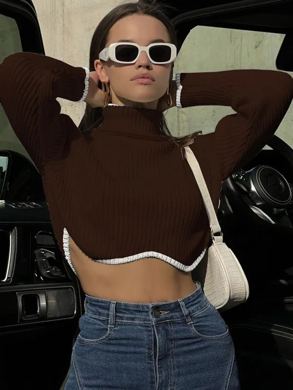 BerryBetty - Women's turtleneck short sweater with irregular hem, crop top long sleeve turtle neck top