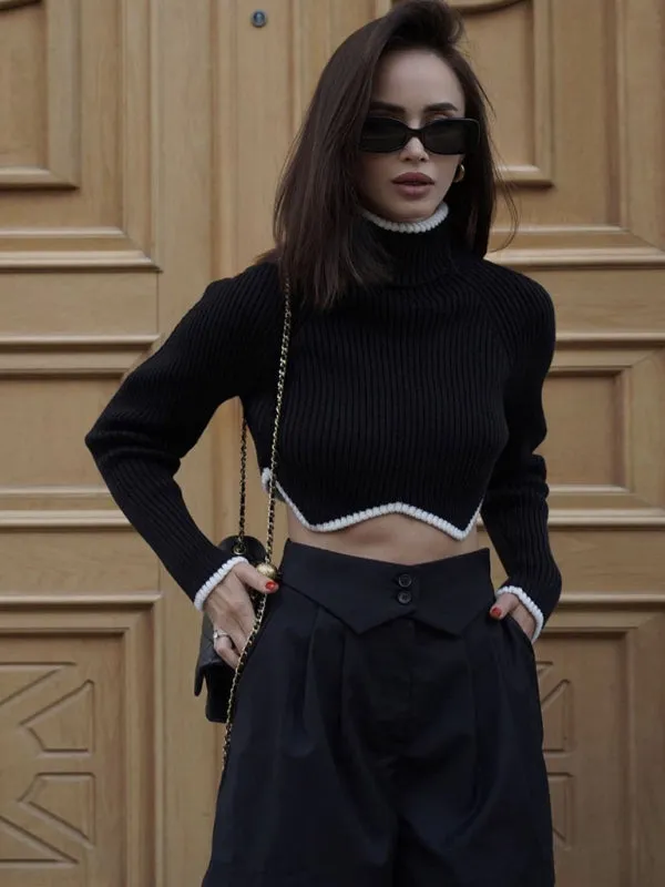 BerryBetty - Women's turtleneck short sweater with irregular hem, crop top long sleeve turtle neck top