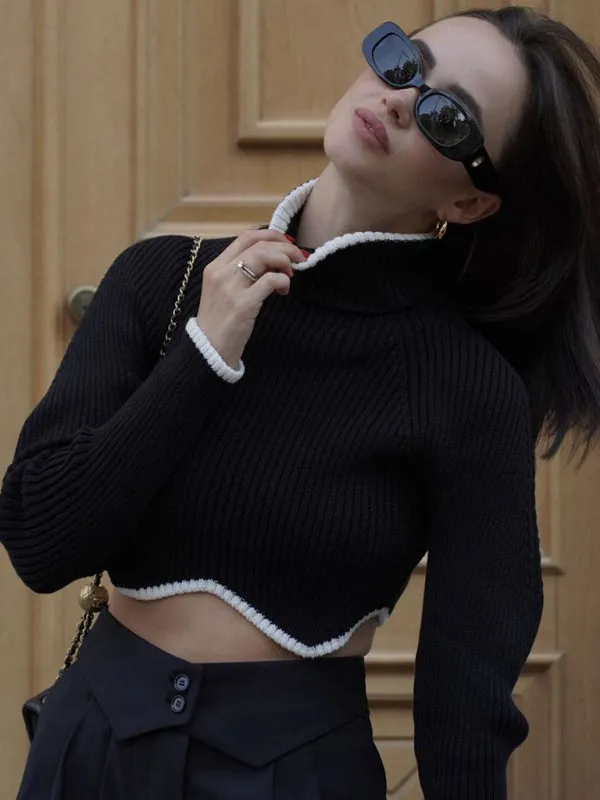 BerryBetty - Women's turtleneck short sweater with irregular hem, crop top long sleeve turtle neck top