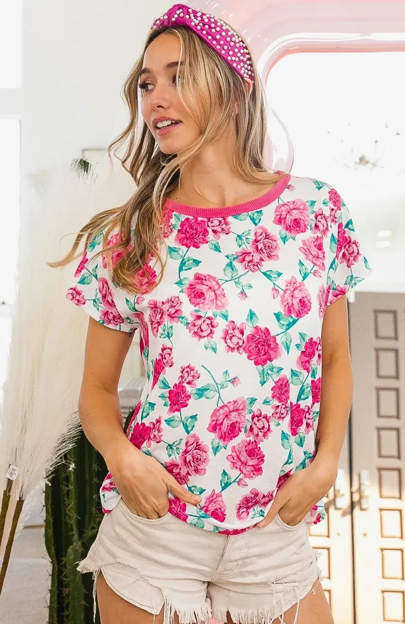 BiBi Rose Print Thermal Neck Binding Dolman Sleeves Top