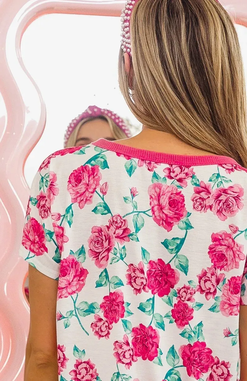 BiBi Rose Print Thermal Neck Binding Dolman Sleeves Top
