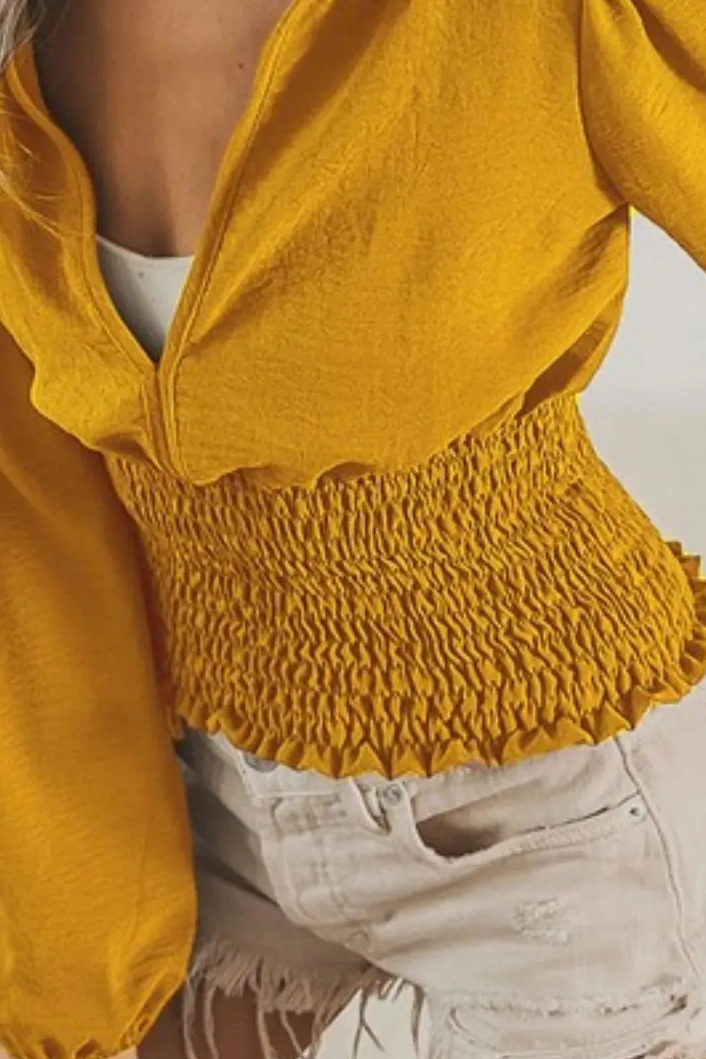 BiBi Smoking Waist Band and Puff Sleeves Deep V Neck Top
