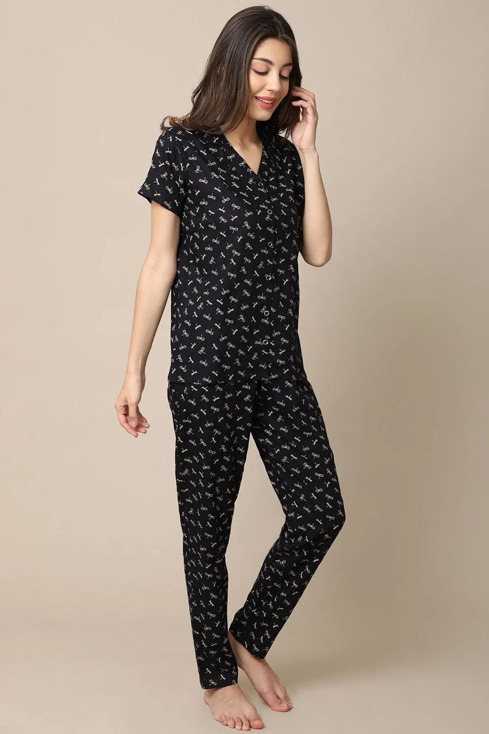 Black Color Graphic Printed Cotton nightsuit For Women