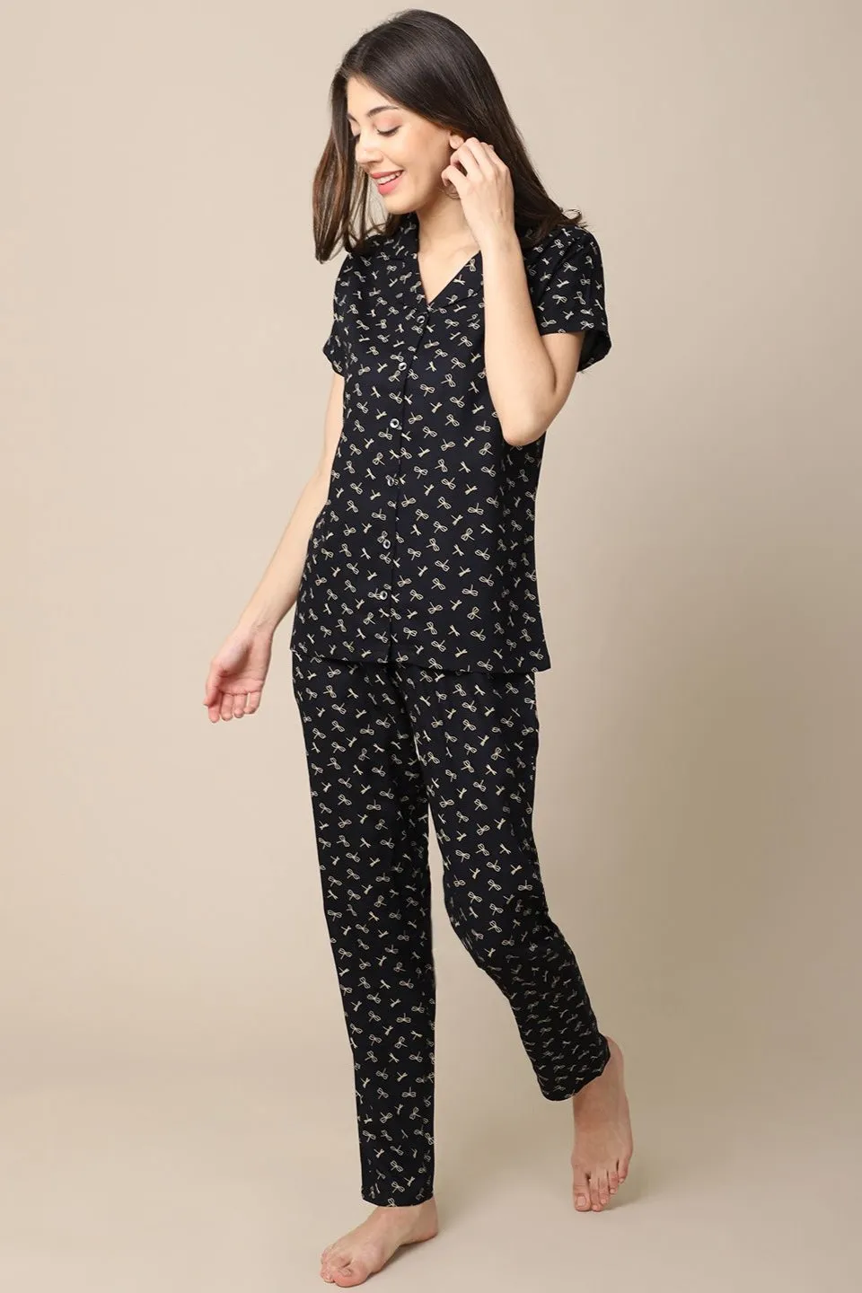 Black Color Graphic Printed Cotton nightsuit For Women