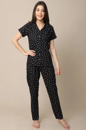 Black Color Graphic Printed Cotton nightsuit For Women