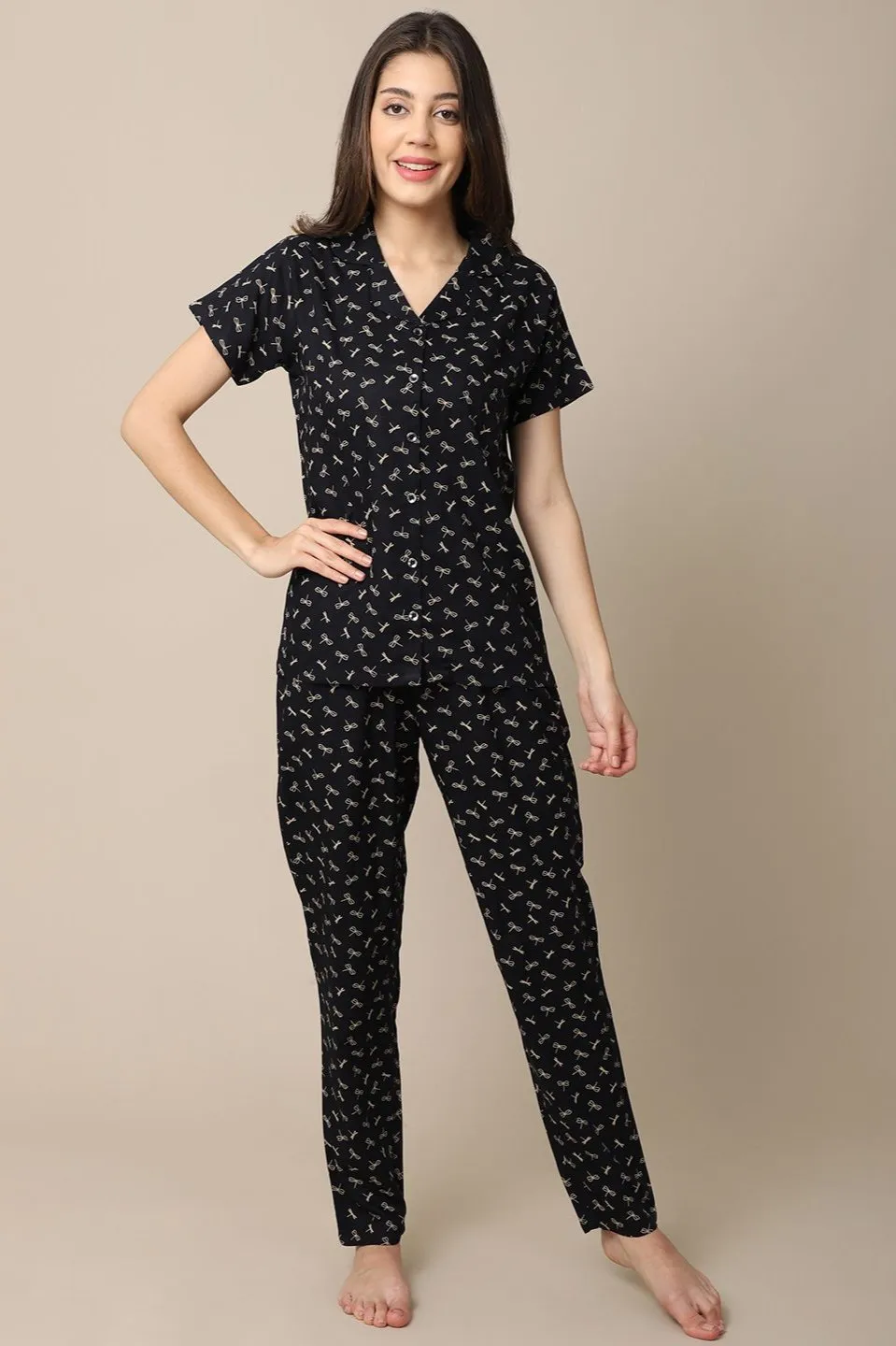 Black Color Graphic Printed Cotton nightsuit For Women