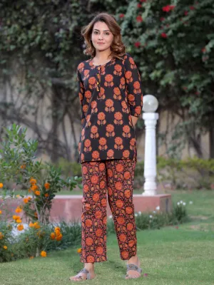 Black Ethnic Print Straight Cotton Short Kurta With Pyjamas