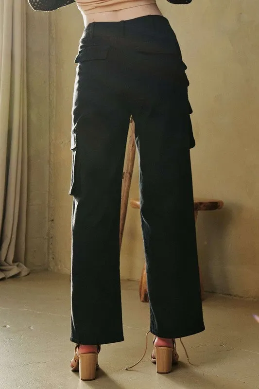 Black Flap Pocket Mid Rise Cargo Pants