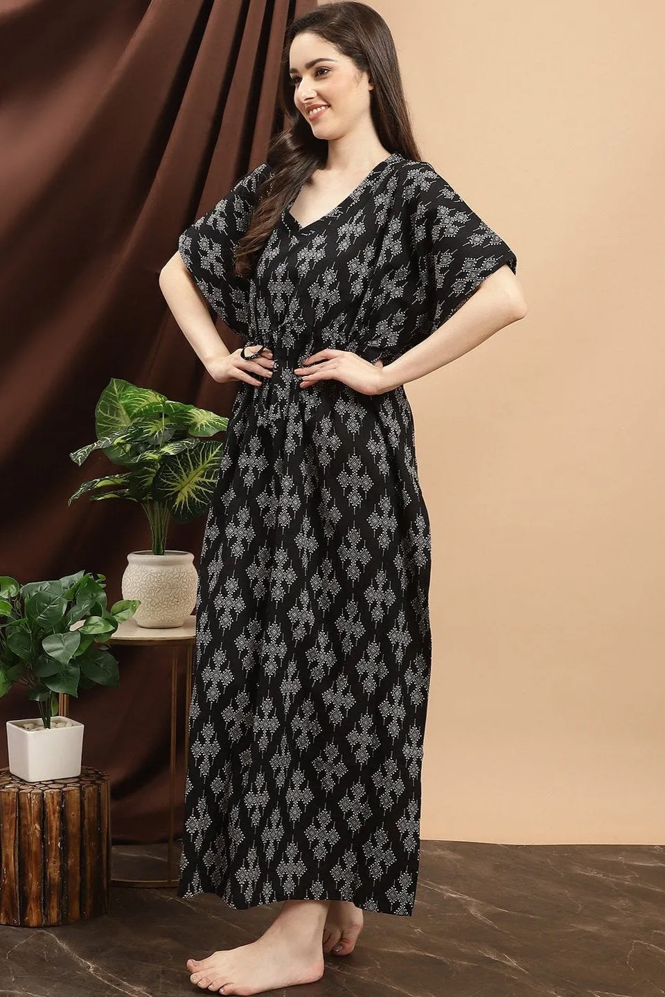 Black Floral Printed Cotton Kaftan For women