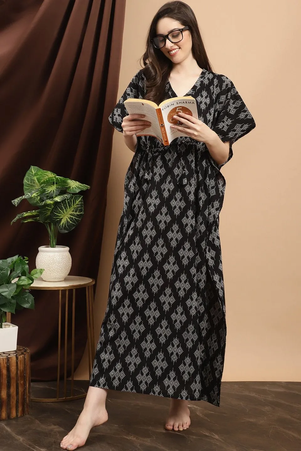 Black Floral Printed Cotton Kaftan For women