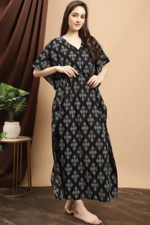 Black Floral Printed Cotton Kaftan For women