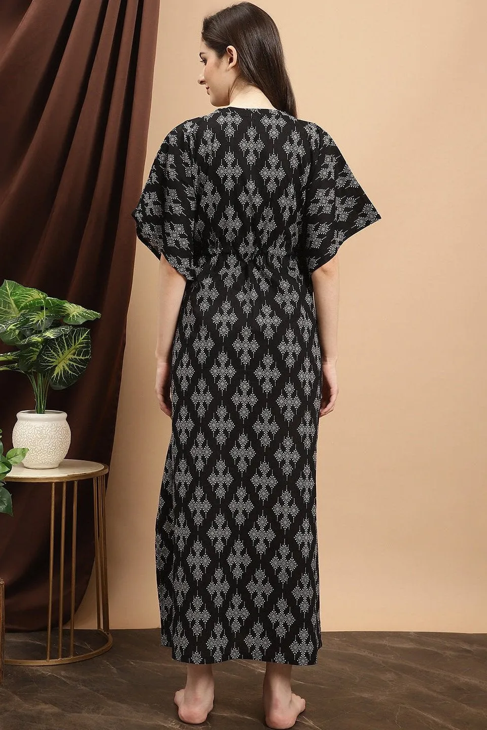 Black Floral Printed Cotton Kaftan For women