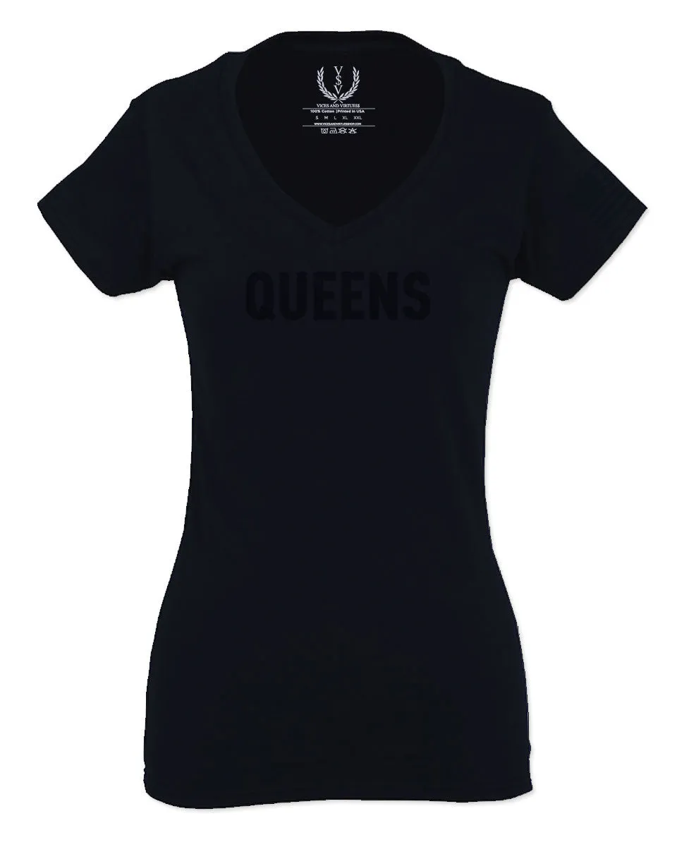 Black Fonts New York Queen NYC Cool City American Hip hop Flag For Women V neck fitted T Shirt