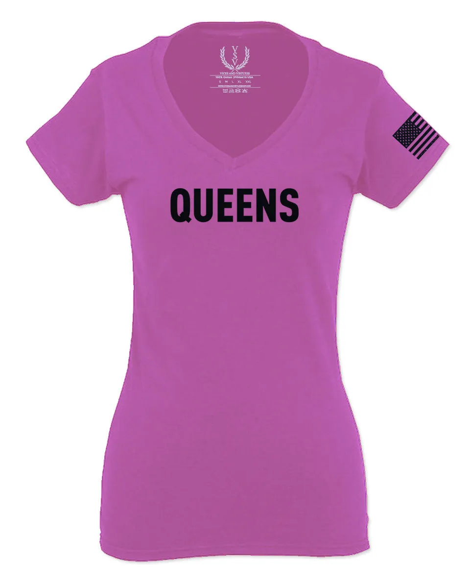 Black Fonts New York Queen NYC Cool City American Hip hop Flag For Women V neck fitted T Shirt