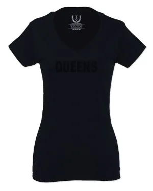 Black Fonts New York Queen NYC Cool City American Hip hop Flag For Women V neck fitted T Shirt