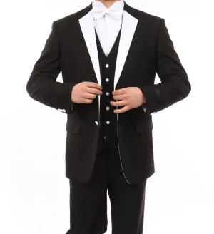 Black Modern Fit Tuxedo 3 Piece with White Lapel 6 Button Vest