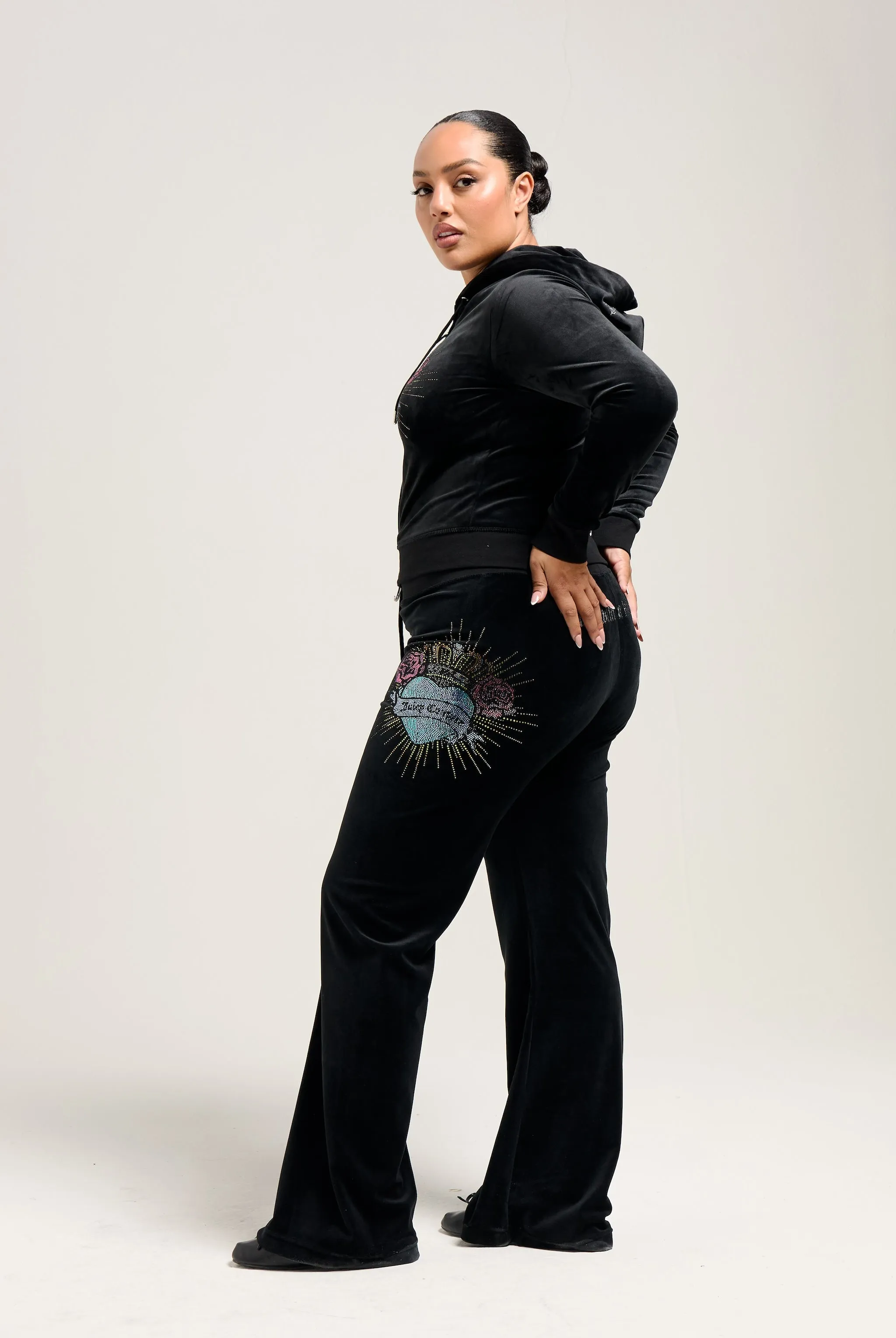 BLACK SACRED HEART DIAMANTÉ CLASSIC VELOUR LOW RISE TRACK PANTS