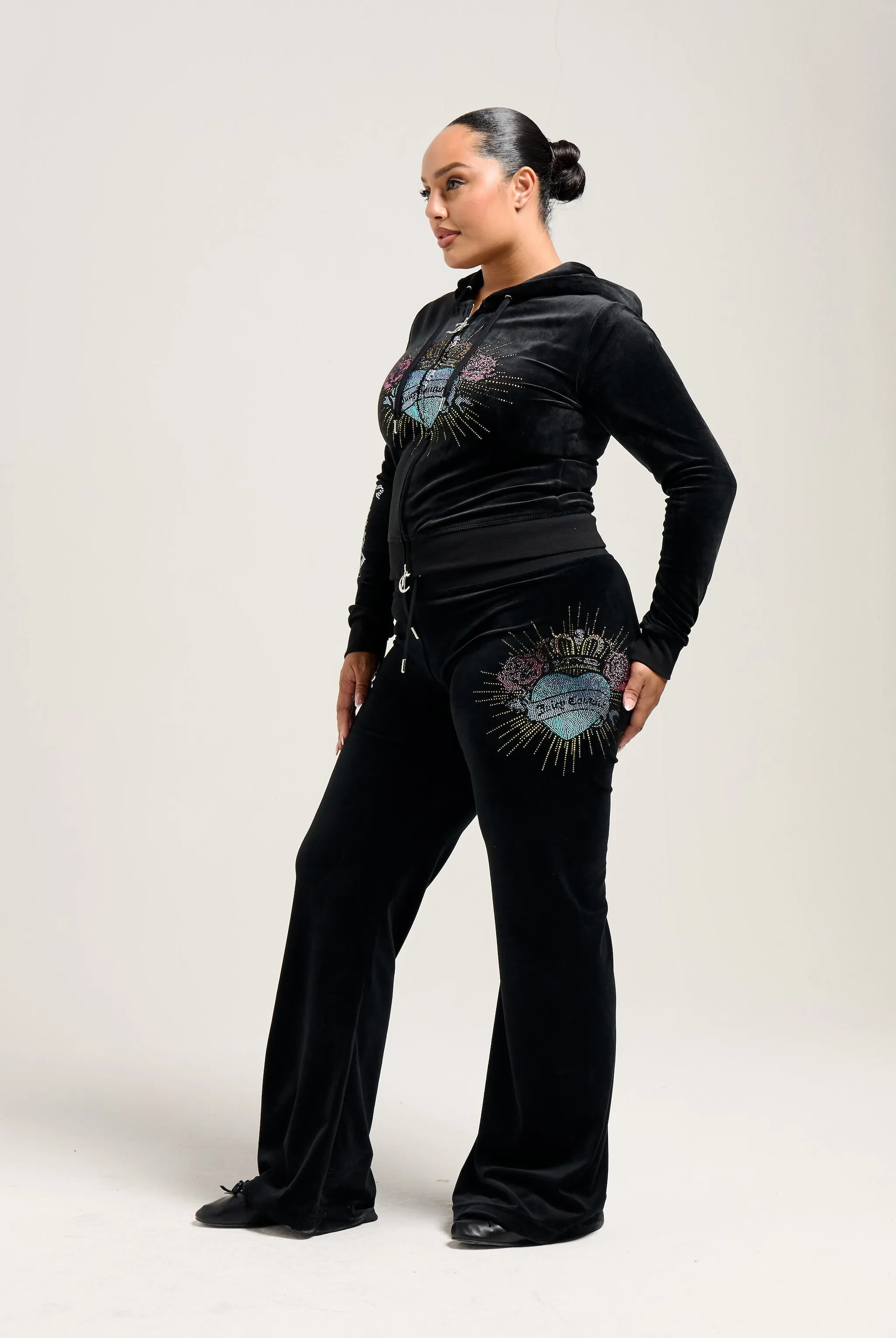 BLACK SACRED HEART DIAMANTÉ CLASSIC VELOUR LOW RISE TRACK PANTS